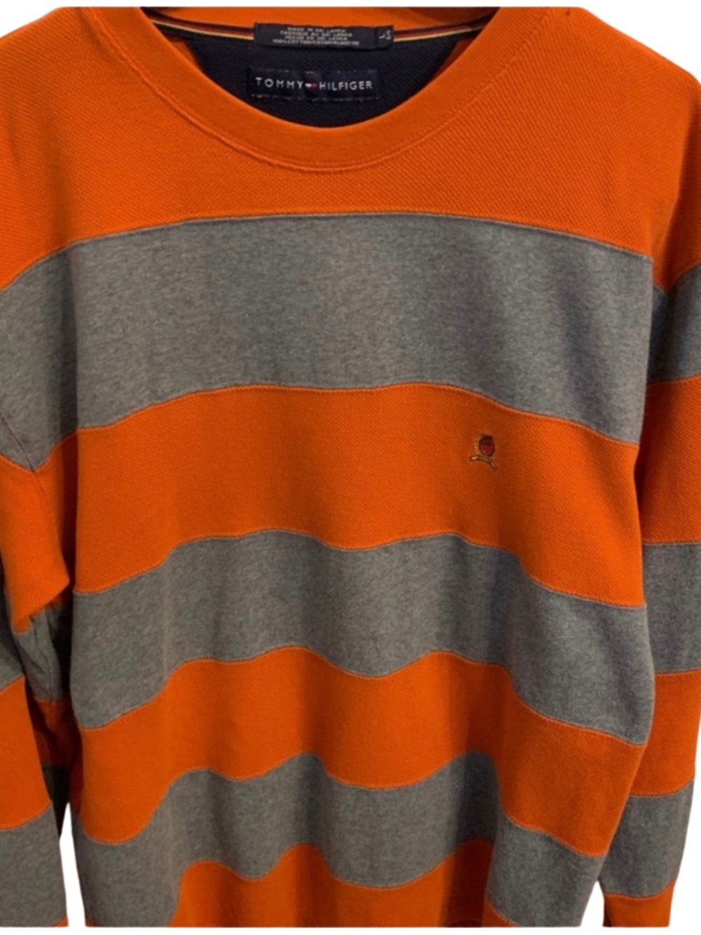 Y2K Tommy Hilfiger long-sleeve rugby-style shirt with orange & grey stripes
